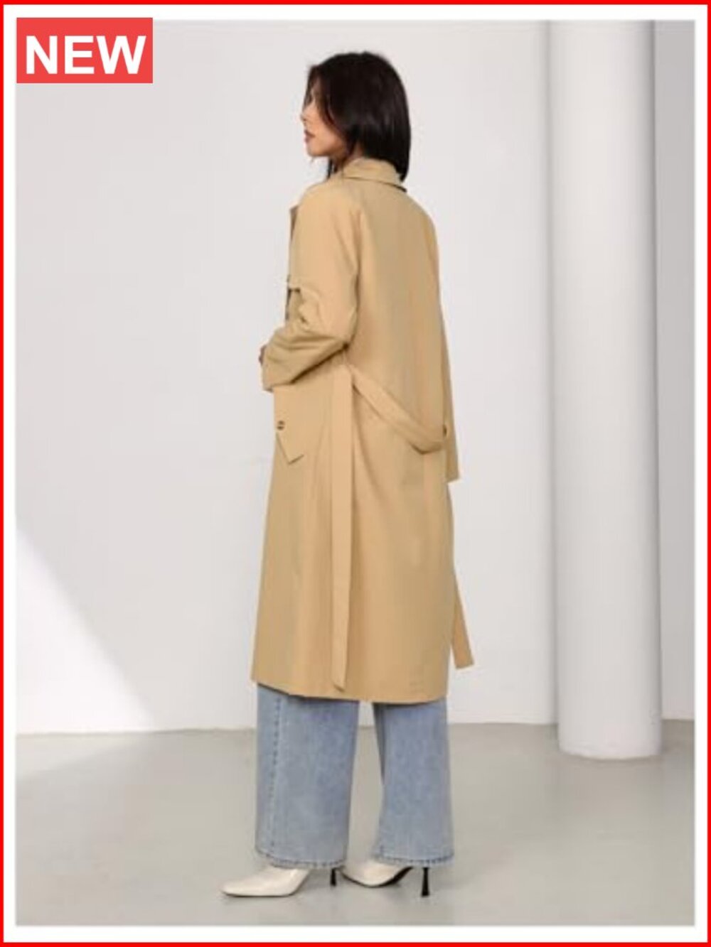 Double Breasted Long Trench Coat Belted Lapel Overcoat - Picture 3 of 6
